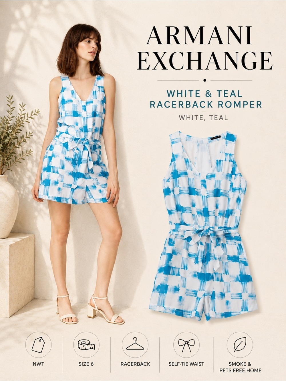 Armani Exchange White Teal Racerback Romper Size 6 NWT Belted Summer Jumpsuit